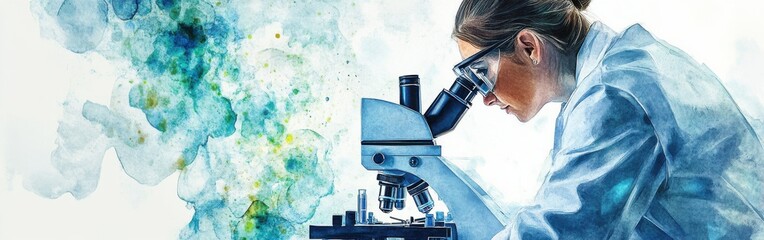 Poster - Exploring the microscopic world with dedication and precision in a vibrant watercolor portrait