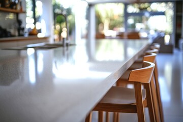 Leinwandbilder - Sleek white countertop in a minimalist kitchen offers clean lines and a modern aesthetic, complemented by soft focus on stylish seating and vibrant greenery