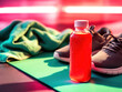 © Dzenka - Vibrant fitness scene with sports shoes, red drink, and green towel on yoga mat