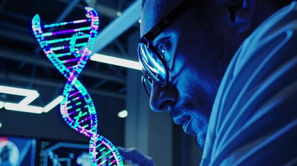 Poster - Scientist examines glowing DNA model in laboratory during nighttime exploration of genetic research