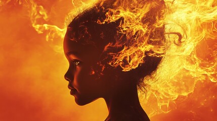 Leinwandbilder - Vibrant depiction of a child's silhouette against fiery orange backdrop radiating warmth and energy at sunset
