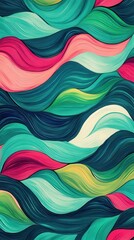 Poster - Vibrant wave pattern in lime green and turquoise with hints of pink and coral in a fluid artistic display