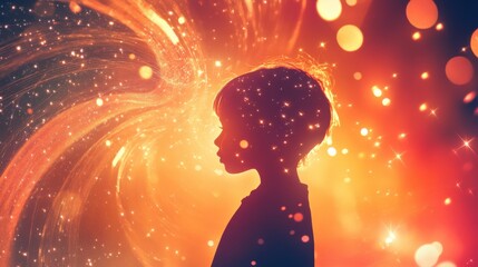 Leinwandbilder - Vibrant visualization of a glowing child against a magical background of swirling colors and light
