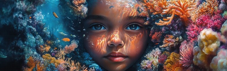 Aufkleber - Vibrant underwater portrait of a child surrounded by colorful coral and fish in a serene ocean environment
