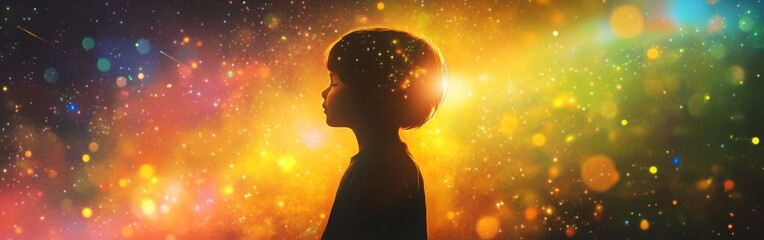 Leinwandbilder - Glowing child silhouette against a vibrant, colorful background filled with light and sparkles