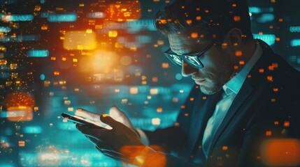 Businessman uses phone amidst digital data stream