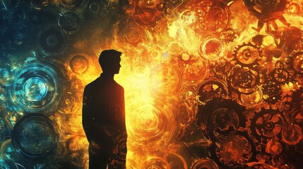 Poster - Engineer standing amidst glowing gears and vibrant colors representing creativity and innovation