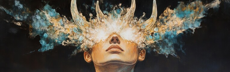 Leinwandbilder - Vibrant woman's face illuminated with unique glowing features and ethereal elements blending in a surreal portrait