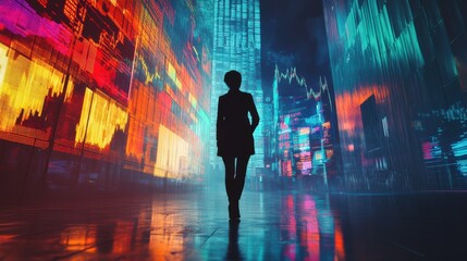 Poster - Trader standing confidently in vibrant financial market environment at night