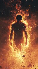 Poster - Man emanating light and energy in a fiery glow during a mystical moment at dusk
