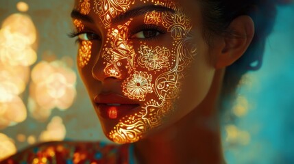 Aufkleber - Glowing model portrait with intricate light patterns casting shadows on serene face