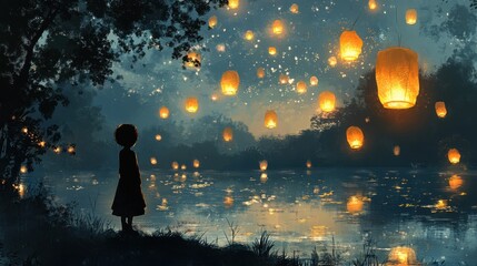 Aufkleber - Serene evening with a child's profile gazing at floating lanterns by a tranquil lake under a starlit sky
