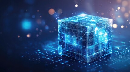 Wall Mural - blue cube digital hologram composed of network connections and data streams, a futuristic technology
