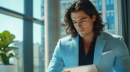 Aufkleber - Relaxed professional man engages with tablet in modern office space on a sunny day