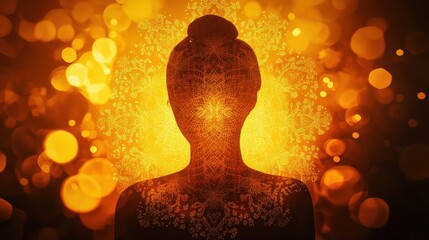 Wall Mural - mystical woman radiating light amidst a backdrop of golden bokeh during twilight