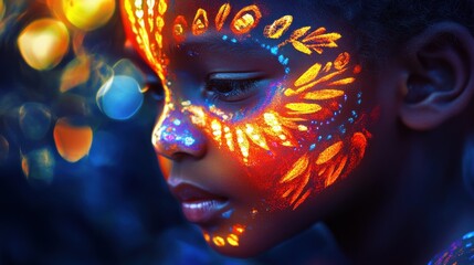 Aufkleber - Child with glowing face paint surrounded by colorful lights in a dreamy forest setting