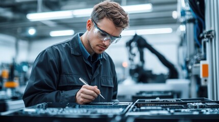 Poster - Focused technician inspecting components in a high-tech industrial setting during daylight hours