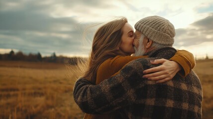 realistic cinematic look, 4k , a woman and a old man hugging happily looking to the horizon