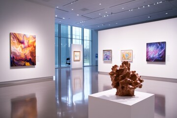 Aufkleber - A wide-angle view captures a modern art gallery featuring abstract sculptures and colorful paintings on sleek white walls, illuminated by soft lighting