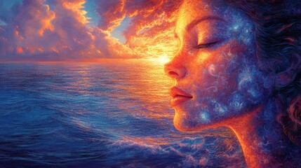 Aufkleber - Conceptual visualization of a woman's face illuminated by a vibrant sunset over the ocean