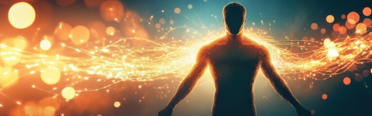 Aufkleber - Glowing man radiating energy in a mystical setting during an evening atmosphere