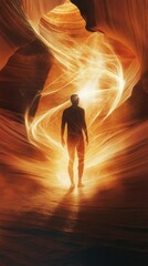 Poster - Man surrounded by glowing energy in a canyon at sunset conveying a sense of wonder and connection to nature
