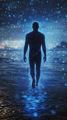 Poster - Man glowing in blue light walking through a calm water setting during twilight hours with sparkling elements around him