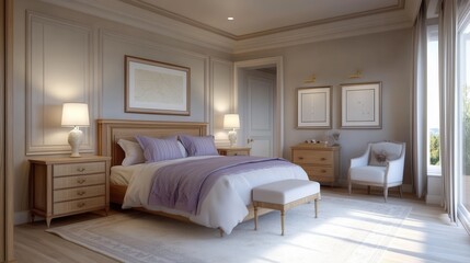 Poster - Serene lavender bedroom with soft bedding creating a calming atmosphere in a modern home