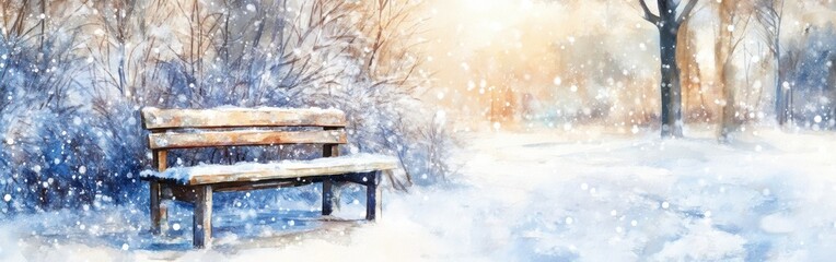 Poster - Snow-covered bench in tranquil winter landscape with soft watercolor background evoking a peaceful atmosphere