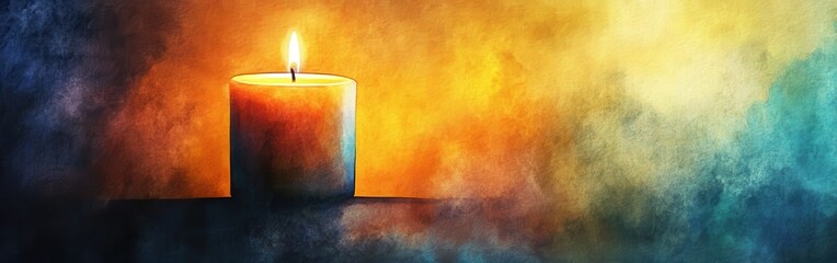 Aufkleber - Close-up of a glowing candle against a vibrant watercolor background evoking warmth and tranquility at twilight