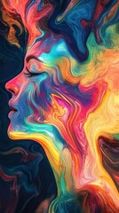 Poster - Surreal depiction of a glowing woman surrounded by vibrant colors and abstract patterns