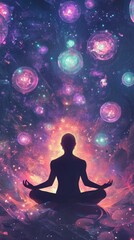 Poster - Surreal portrait of a meditating figure surrounded by cosmic energy in a vibrant, dreamlike setting