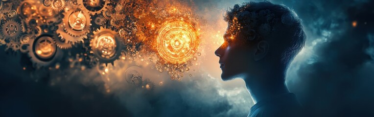 Leinwandbilder - Portrait of a man surrounded by gears and glowing elements symbolizing creativity and inspiration in a mystical atmosphere