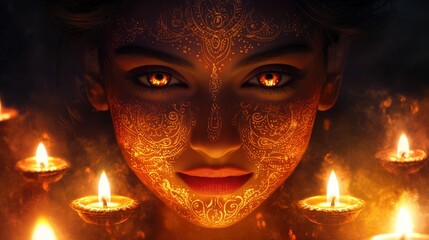 Aufkleber - Mystical portrayal of a glowing woman's face surrounded by flickering candles