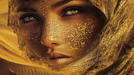 Aufkleber - Mystical visualization of a woman's face adorned with golden symbols against a desert backdrop at sunset