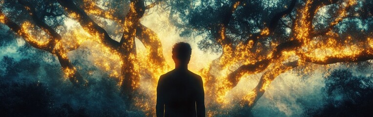 Poster - Mystical silhouette of a man standing before a glowing, enchanting tree in a dreamlike forest