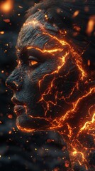 Aufkleber - Dynamic visualization of a face with fiery elements showcasing volcanic textures and glowing patterns in an artistic representation