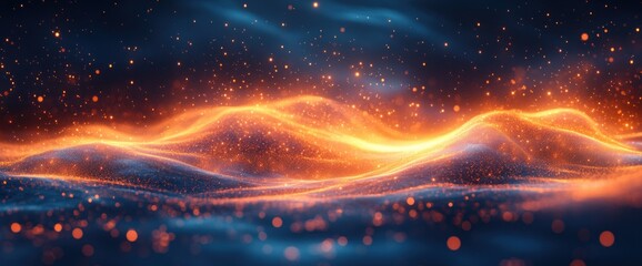 Glowing Blue and Orange Particles in a Dark Abstract Digital Landscape with Flowing Waves and Energy Motion
