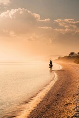 Wall Mural - A serene beach scene at sunset with a lone rider along the shore.