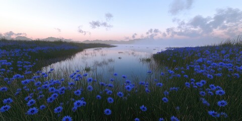 Wall Mural - A serene landscape featuring a tranquil water body surrounded by vibrant blue flowers.