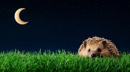 Wall Mural - A hedgehog peeks out from lush grass under a starry night sky with a crescent moon shining above.