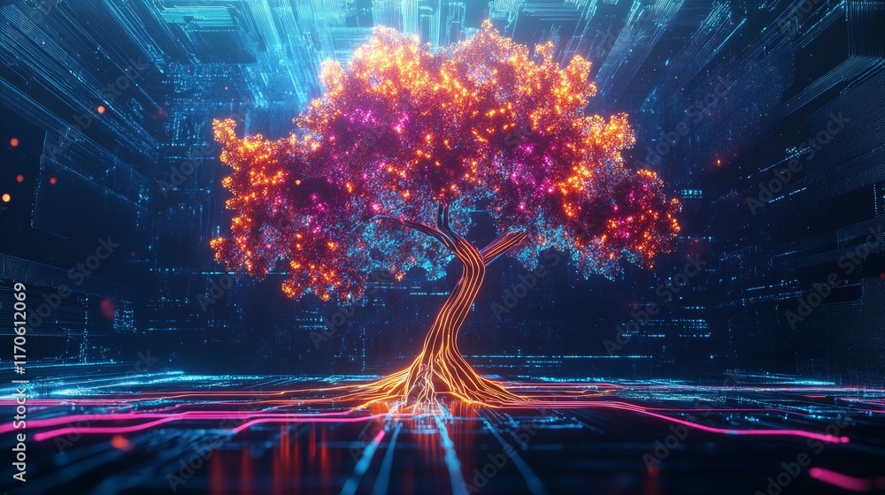 58.A futuristic neon tree illuminated in holographic colors, with ...