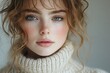 © zhuan - Woman with Wavy Hair in Cozy Cream Sweater Ethereal Portrait