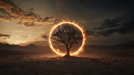 Wall Mural - A tree is surrounded by a circle of fire