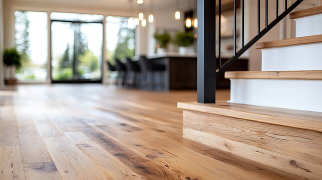 Modern home interior with hardwood floors, stairs, and kitchen view.