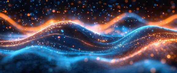 Futuristic Digital Wave with Glowing Blue and Orange Particles in Abstract Technology Design