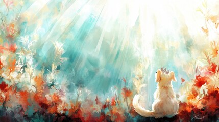 Wall Mural - A dog is sitting in a field of flowers, looking up at the sun