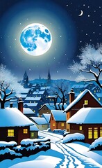 Winter Village at Night with Snowfall