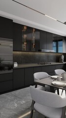 Wall Mural - Modern style kitchen with covered dining table. 3d render