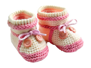 Handmade knitted baby booties t on white background